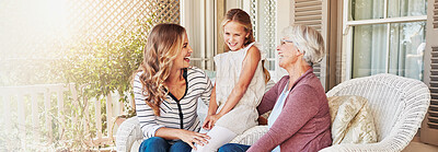 Buy stock photo Mother, kid and grandmother with laughing outdoor by home for humor, bonding together and funny story. Happy family, generations and people on porch for support, trust and relationship with banner