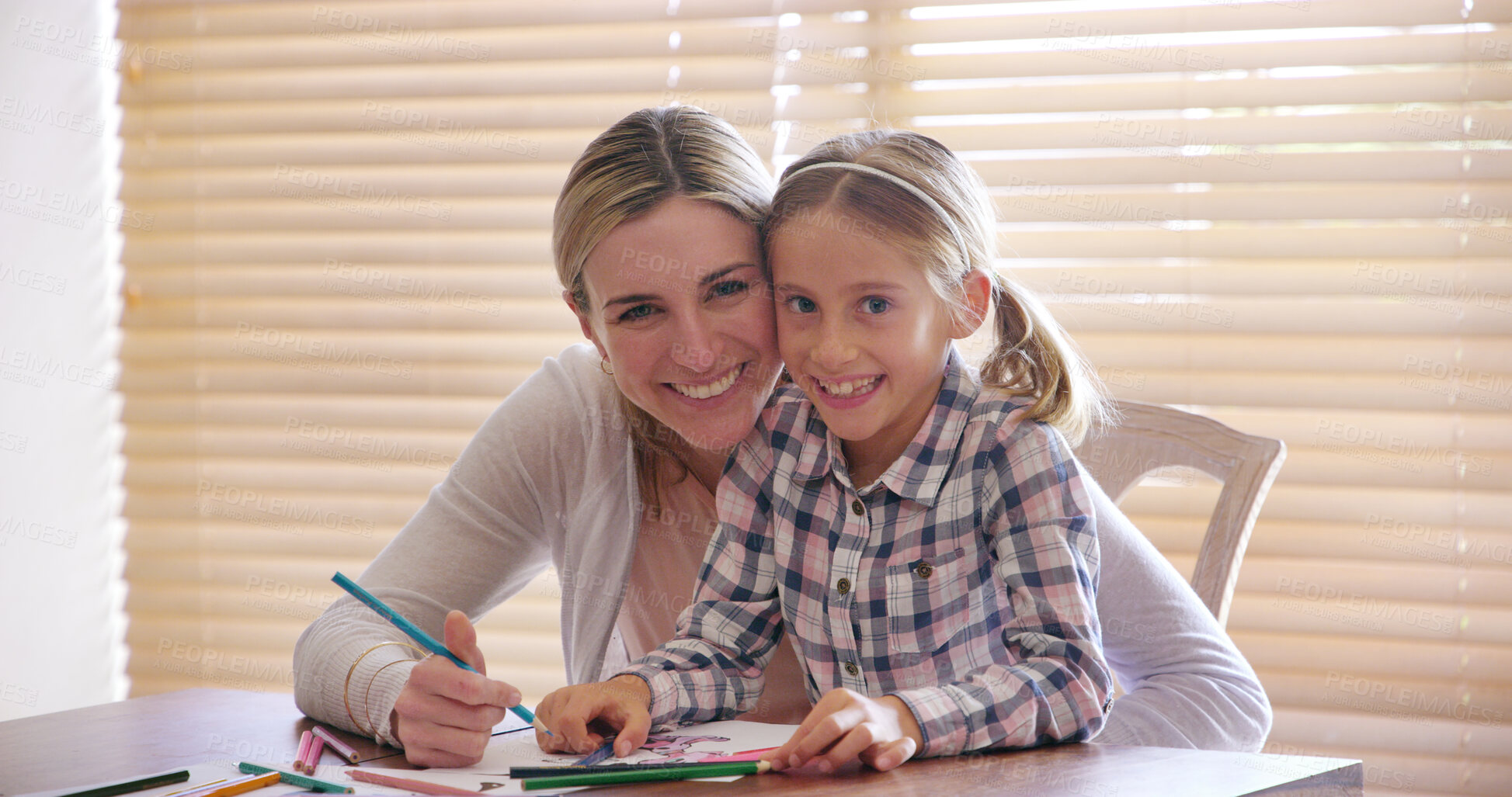 Buy stock photo Mom, girl and portrait with color pencil, paper and smile for art, learning and creativity at apartment. People, mother and daughter for education, drawing and happy with at family home in Germany