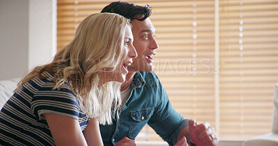 Buy stock photo Excited, game and tv with couple, winner and live streaming sport on living room sofa. Competition, lounge and fan with watching, waiting and entertainment from winning goal and victory in match 