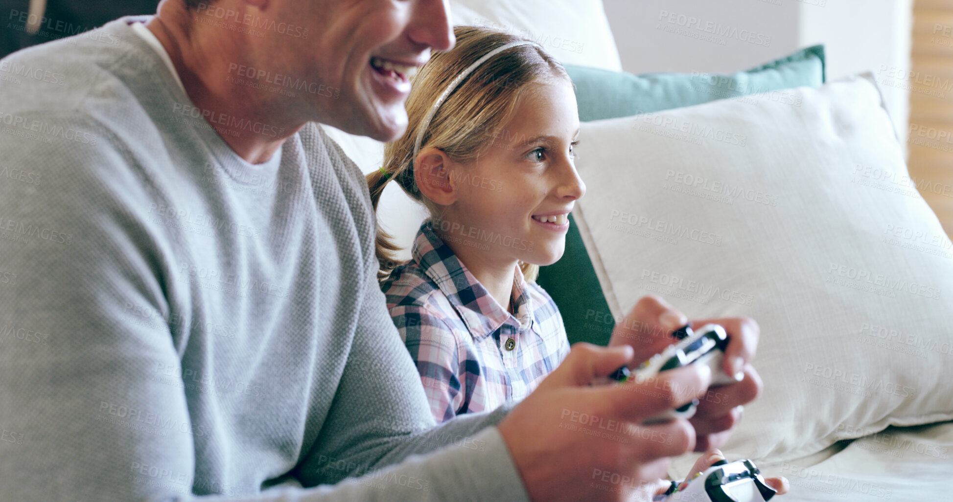 Buy stock photo Child, father and video game in home with learning, bonding and love in family home with tech. Challenge, fun and smile of young girl with remote on living room sofa with support and care on weekend