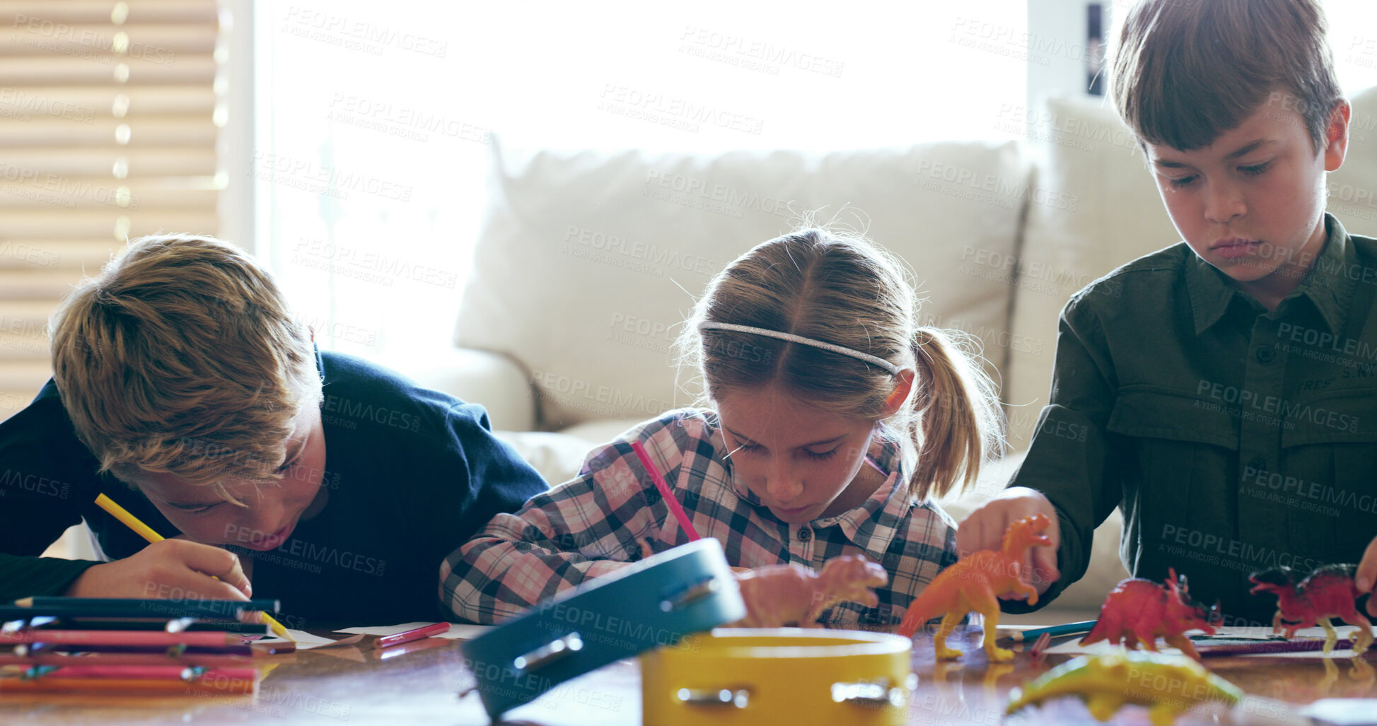 Buy stock photo Home, children and siblings in lounge for education, studying and learning with writing for development. House, boys and girl with support for school project, homework or toys on table in living room