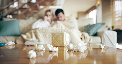 Buy stock photo Sick, couple and tissue in home with fatigue, couch and disease from allergies with sneeze. Flu, living room and health problem of people together with recovery, blanket and napkin for virus or bug