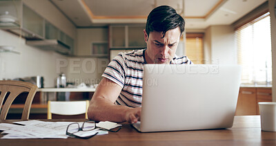 Buy stock photo Man, stress and bills on laptop in home with working, payment and financial debt. Mortgage, anxiety and invoice check on tech with investment, tax and bankruptcy with inflation and cost planning