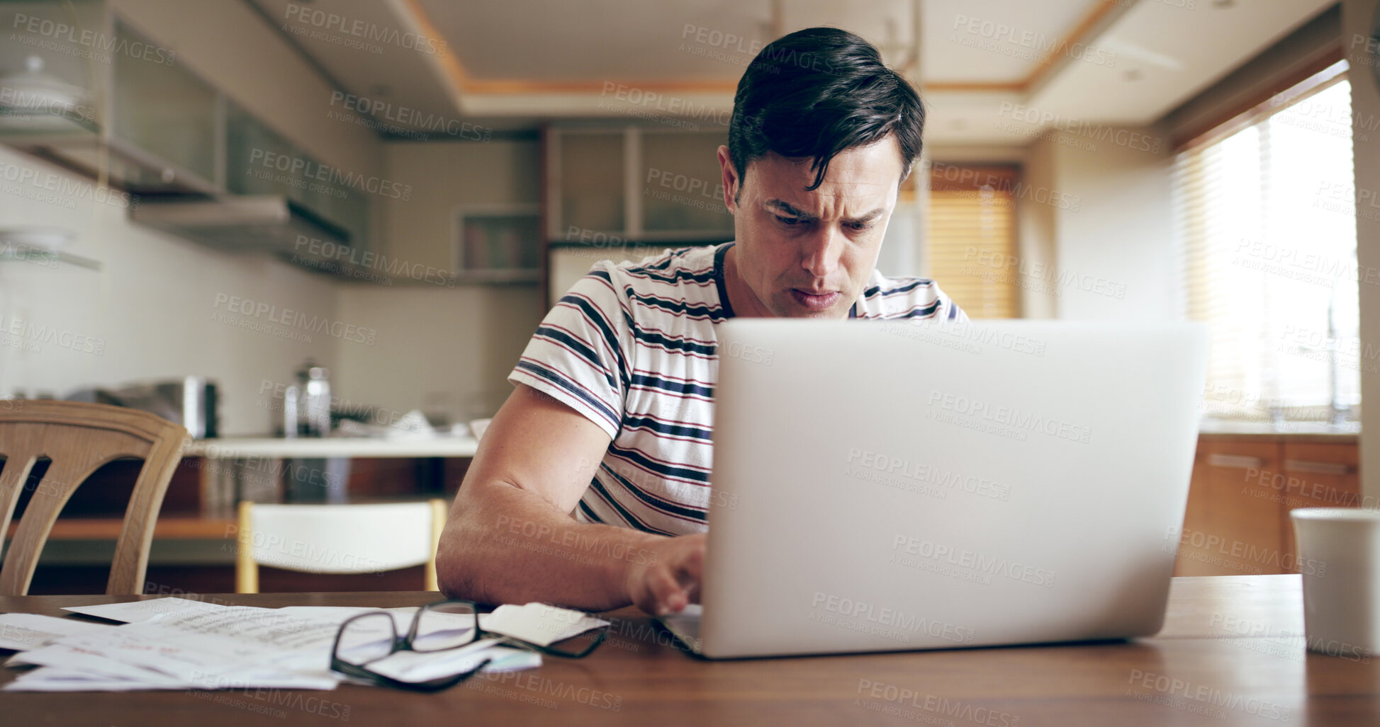 Buy stock photo Man, stress and bills on laptop in home with working, payment and financial debt. Mortgage, anxiety and invoice check on tech with investment, tax and bankruptcy with inflation and cost planning