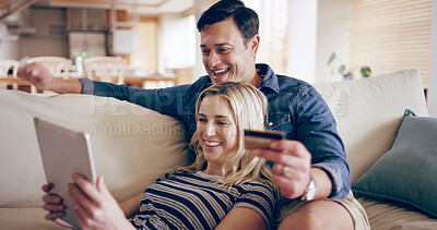 Buy stock photo House, credit card and couple on sofa, tablet and smile with ecommerce, payment and banking. Apartment, man and woman on couch, tech and buying with transactions, online reading and mortgage