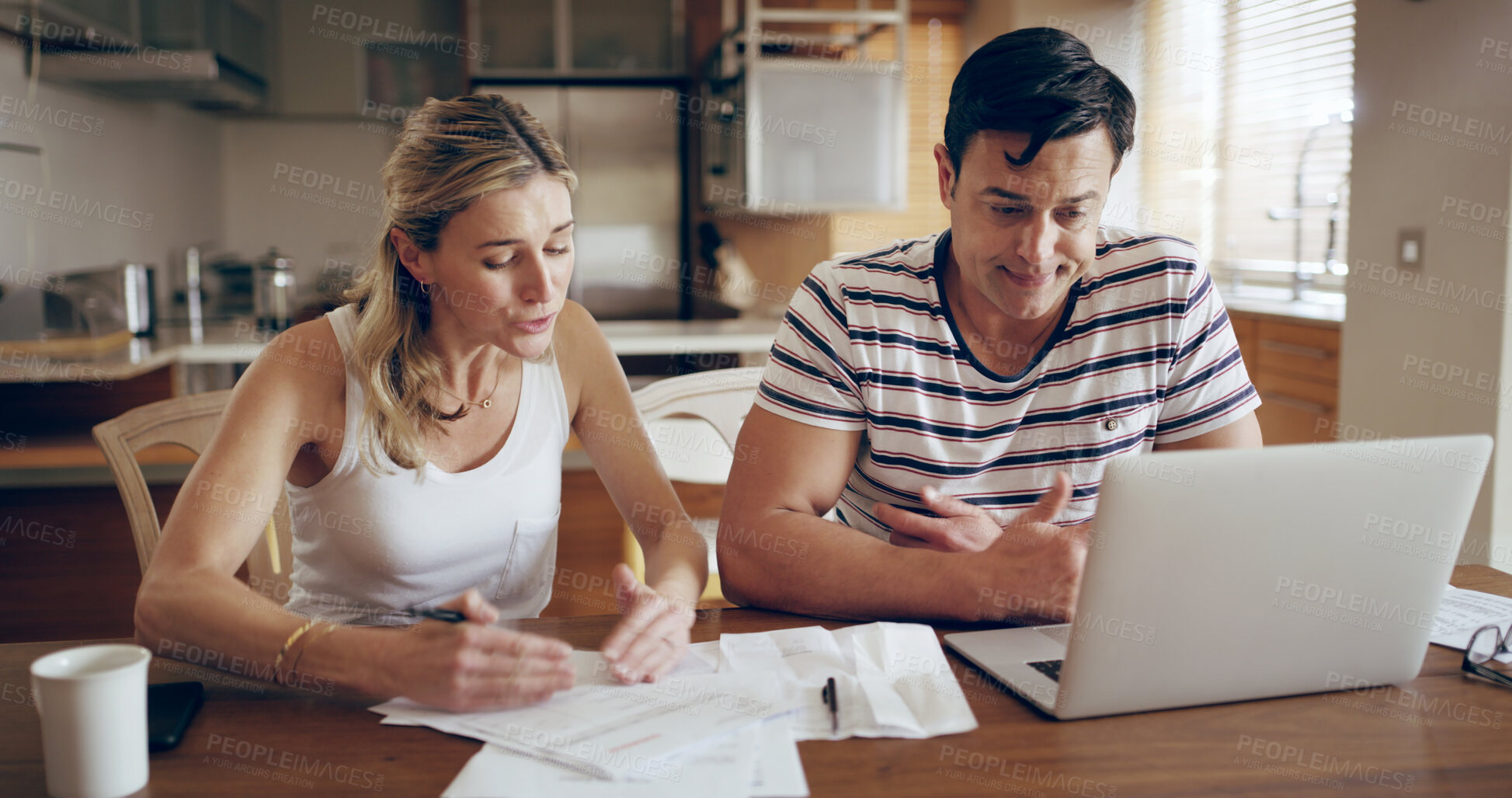 Buy stock photo Woman, man and laptop with documents for taxes, finance and writing with info for compliance in home. Couple, contract and reading paperwork for review, budget and invest with computer at apartment