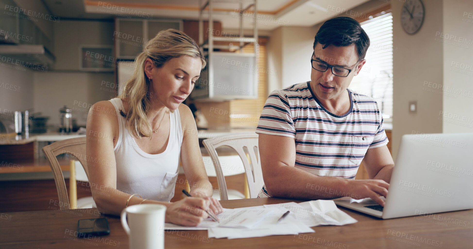 Buy stock photo Woman, man and documents in home for taxes, laptop and writing for financial compliance in morning. Couple, contract and reading paperwork for review, budget and investing with computer at apartment