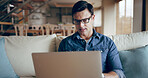 Man, stress and couch with laptop in home with bills, payment and financial debt. Mortgage, anxiety and invoice check on tech with investment, tax and bankruptcy with inflation and cost planning