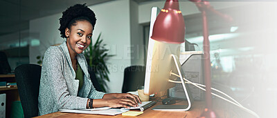 Buy stock photo Black woman, portrait and computer in office for business, email and pride for career development in banner. Girl, happy and tech in Kenya workplace for finance management, planning and bookkeeping