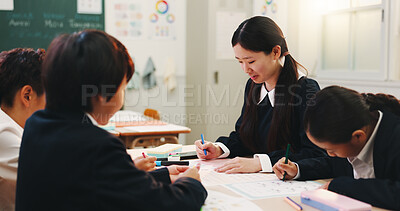 Buy stock photo Girl, group and learning in classroom with children, writing and happy with studying, test and progress for development. Kids, school and books for assessment, notes and project at academy in Japan