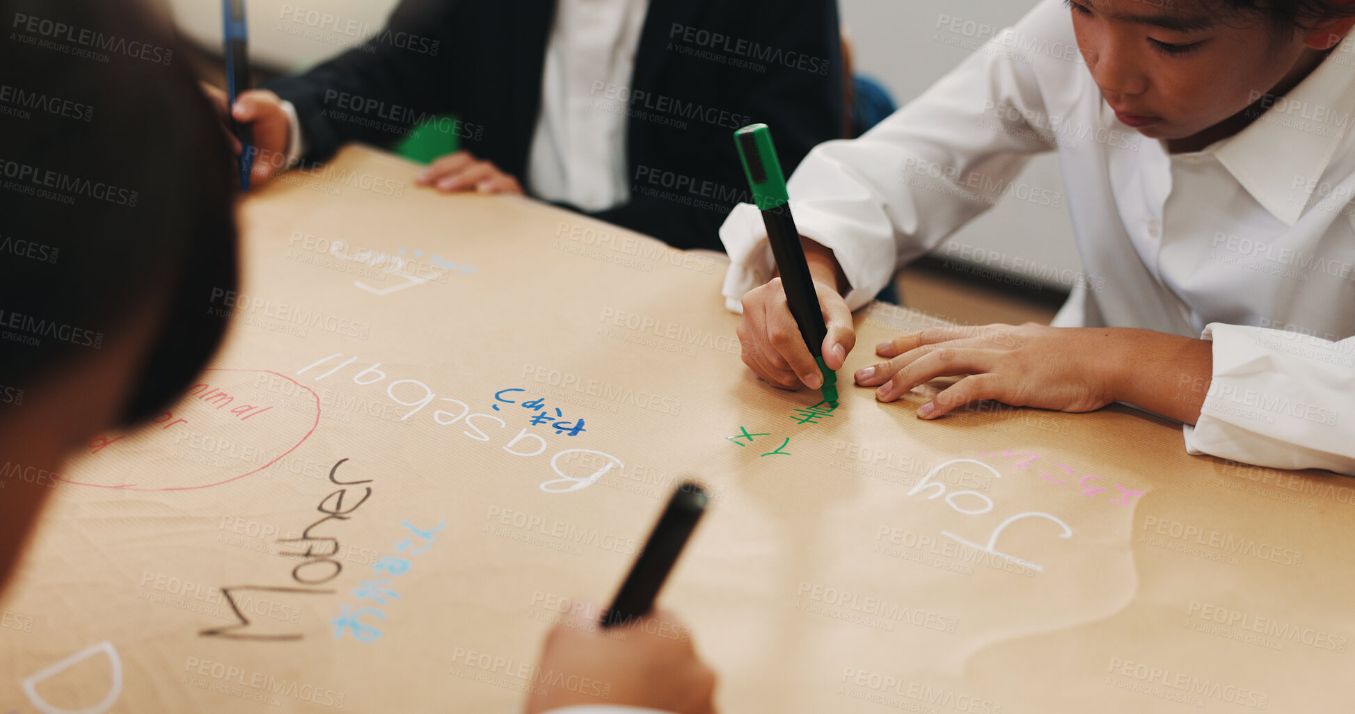 Buy stock photo Closeup, kids and drawing in classroom, education and knowledge with ideas, artistic and Japan. Group, students and children in school, creativity and learning English with growth and development