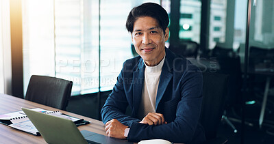 Buy stock photo Japanese businessman, portrait and pride with laptop for email, communication or digital design. Male person, confidence and tech in architecture firm for project management, development and industry