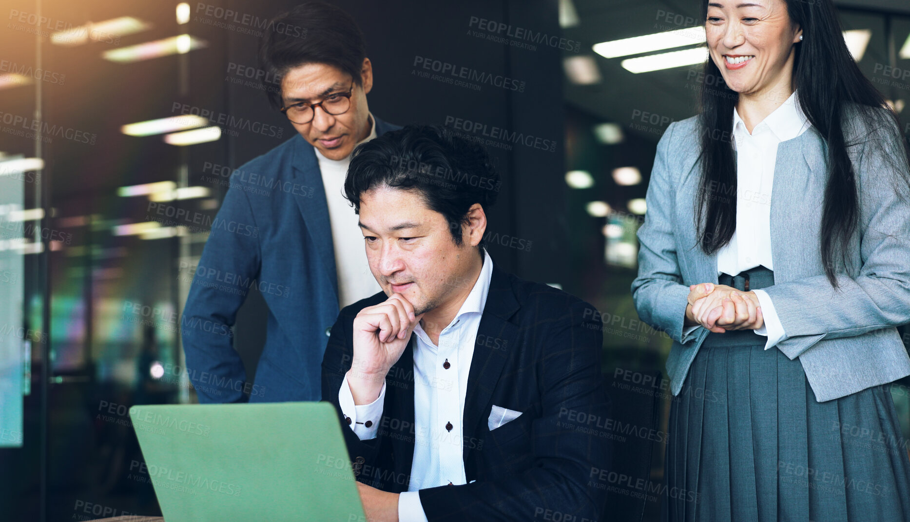 Buy stock photo Planning, smile and colleagues with laptop, office and collaboration for media strategist and online. Reading, professional and teamwork for campaign, digital and ads for business people and Japan