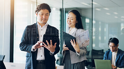 Buy stock photo Business, tablet or Asian people in office for documents, planning investment or revenue. Woman, meeting or sales review with man, feedback or teamwork for online project, agenda and budget in Japan