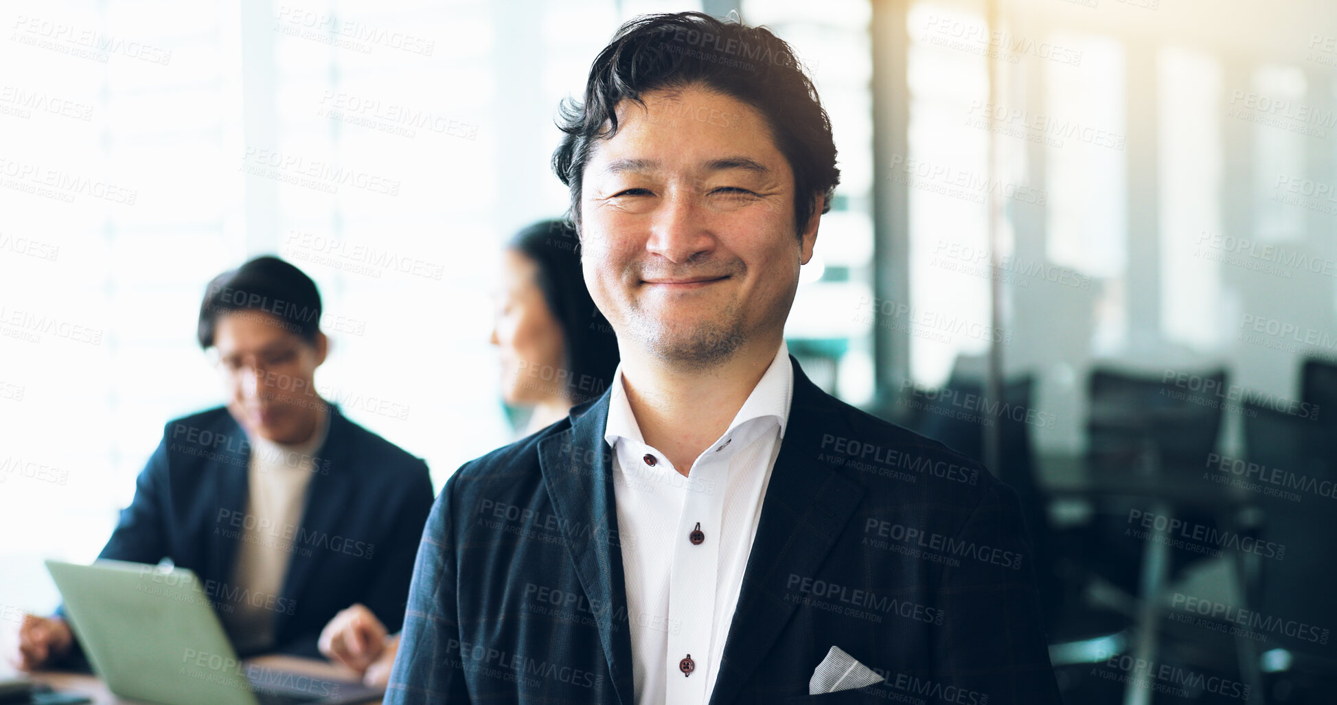 Buy stock photo Portrait, Japanese businessman and pride in office for teamwork, collaboration and networking. Male person, happy and meeting as project manager for architecture firm with confidence, smile and staff