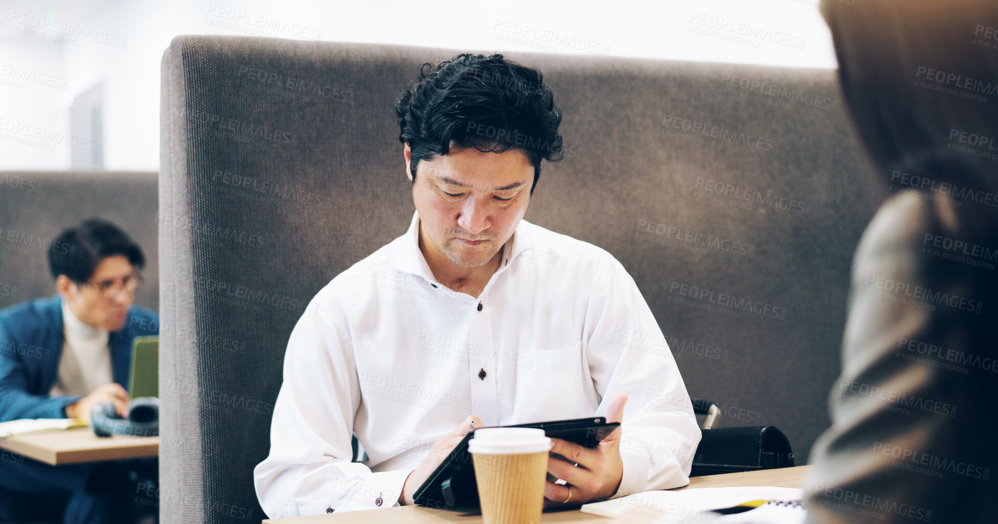 Buy stock photo Business, client and man in coffee shop, tablet and internet with connection, digital app and network. Japanese people, employees and entrepreneur in cafe, communication and typing with website info