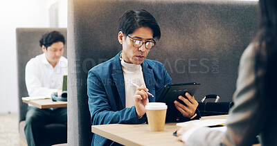 Buy stock photo Business, client and man in cafe, tablet and internet with connection, service and network. Japanese people, employees and entrepreneur in restaurant, communication and website info with digital app