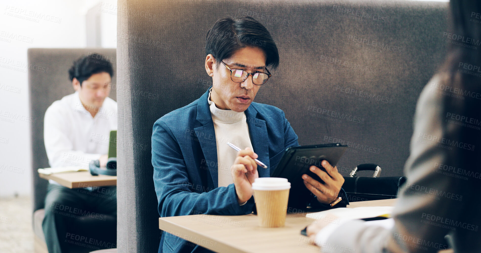 Buy stock photo Business, client and man in cafe, tablet and internet with connection, service and network. Japanese people, employees and entrepreneur in restaurant, communication and website info with digital app