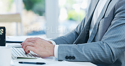 Buy stock photo Typing, banker and hands of businessman with computer for finance, research and debt management. Investment broker, investor or advisor on pc at desk for career, financial consulting or report update