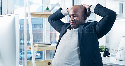 Buy stock photo Complete, computer and relax with business black man in office for satisfaction of finished task. Corporate, done and management with mature employee at work for email communication or research