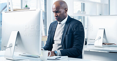 Buy stock photo Doubt, business man and office with computer error, confused and glitch on investment deal. Problem, anxiety and investor mistake with stock market crash or audit email of black male professional