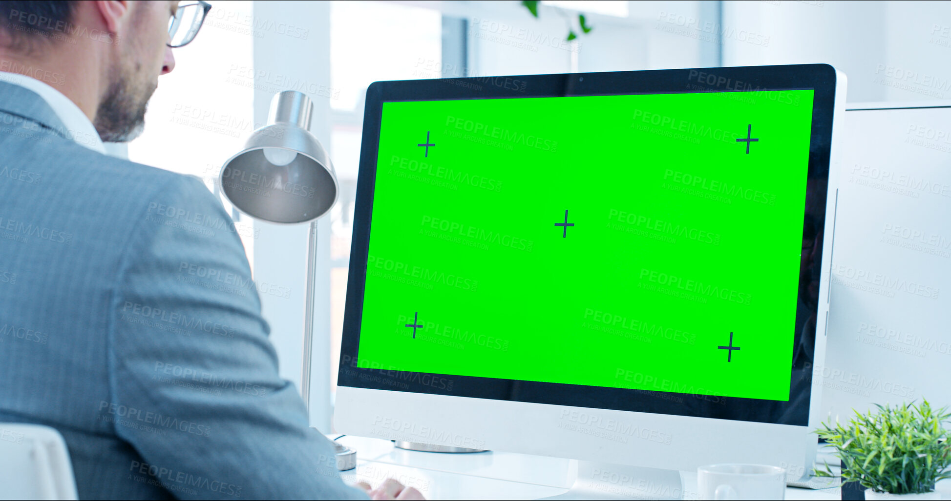 Buy stock photo Green screen, computer and businessman in office with research for stock market. Technology, tracking markers and financial advisor on desktop for capital gain, profit or revenue investment report.