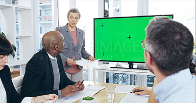 Buy stock photo Business, people and meeting with green screen in office for financial planning and company sales statistics. Chroma key, speaker and team in presentation for investment profit with tracking markers