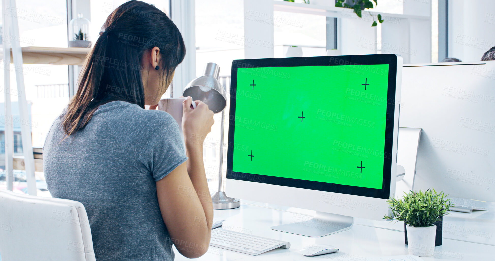 Buy stock photo Woman, drinking coffee and computer green screen in office for business, software update and email draft. Person, tea and tech in workplace for research, connectivity or display with tracking markers