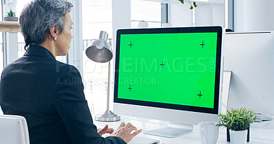 Buy stock photo Green screen, computer and businesswoman in office with research for stock market. Technology, tracking markers and mature female financial advisor on desktop for capital gain investment mockup