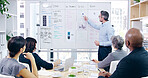 Presentation, meeting and business people with whiteboard in office for project analysis with team. Discussion, collaboration and speaker with employees for checklist with corporate workshop training
