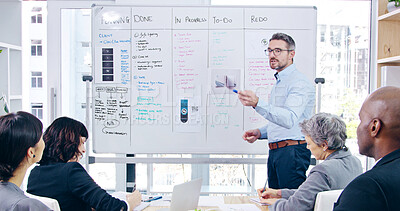 Buy stock photo Presentation, discussion and business people with whiteboard in office for project analysis with team. Meeting, collaboration and speaker with employees for checklist with corporate planning