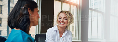 Buy stock photo Team, laugh and business women in discussion, brainstorming ideas and solution on banner. Happy manager, talking and planning project or social media campaign in meeting in creative startup office