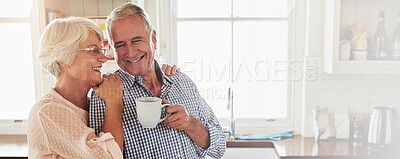 Buy stock photo Coffee, kitchen and smile with senior couple in home together for love, retirement or support. Drink, hug or laughing with old man and woman in apartment for morning bonding, relax or wellness