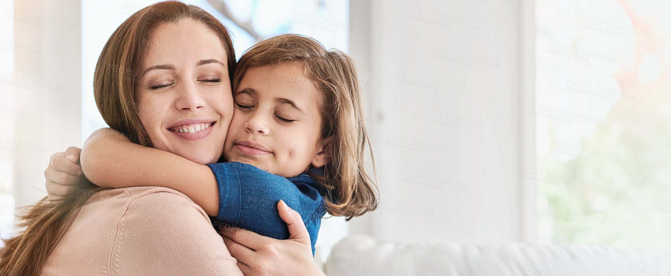 Buy stock photo Hug, smile and child with mother in home with mockup space for bonding, care and family time. Love, connection and girl kid embracing mom for comfort, support and happiness in house together.