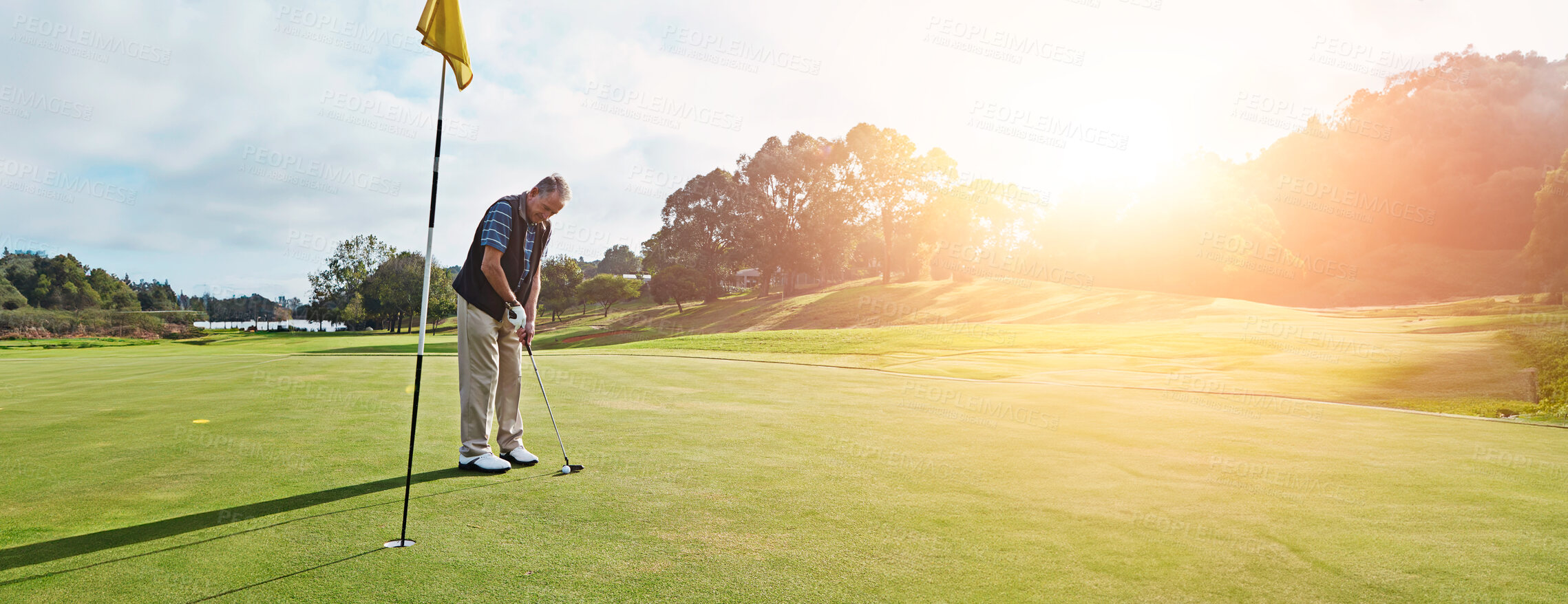 Buy stock photo Senior man, sports and play golf on field for hobby, fitness and training with recreation, exercise and fun. Male person, golfer and strike club on outdoor course for retirement, workout and practice