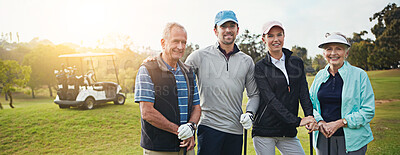 Buy stock photo Golf, portrait and family on course with smile, bonding and sport together outdoor for fun. Parents, woman and man with club, fitness and training with health and wellness with holiday and banner