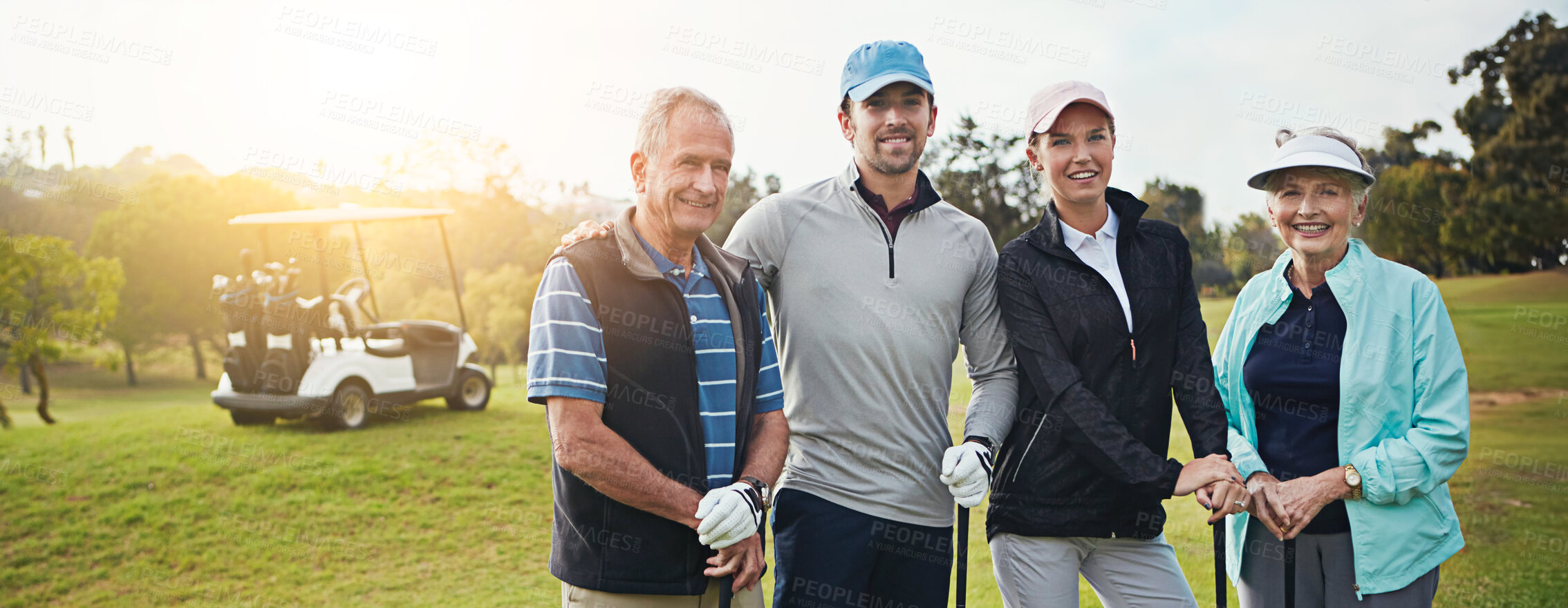 Buy stock photo Golf, portrait and family on course with smile, bonding and sport together outdoor for fun. Parents, woman and man with club, fitness and training with health and wellness with holiday and banner