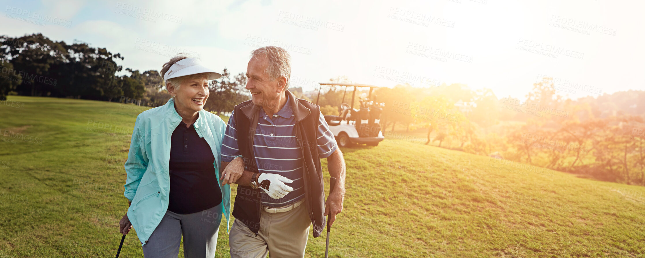 Buy stock photo Golf, nature and senior couple with hug on field together for leisure, hobby or sports activity. Grass, happy and elderly man and woman embrace and playing game on course for bonding at country club.