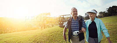 Buy stock photo Golf, hobby and retirement with senior couple outdoor on course together for leisure activity. Grass, love and mockup space with old people playing sports for bonding or recreation in summer