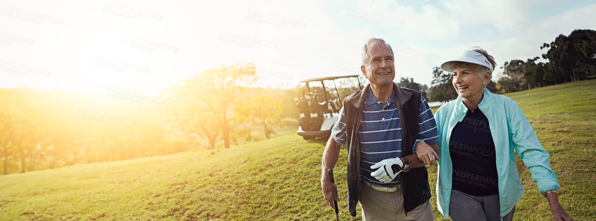 Buy stock photo Golf, hobby and retirement with senior couple outdoor on course together for leisure activity. Grass, love and mockup space with old people playing sports for bonding or recreation in summer