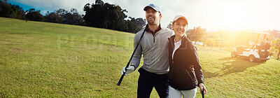 Buy stock photo Golf, nature and couple with hug on field together for leisure, hobby or sports activity. Grass, happy and young man and woman athletes embrace and playing game on course for bonding at country club.