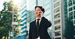 Asian, businessman or talking with phone call in city for discussion, proposal or conversation. Japanese, man or employee listening on mobile smartphone for business deal, chat or negotiation in town