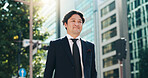 Man, smile or travel in city for business, morning commute or career pride in Tokyo. Mature professional, Japanese person or walking in town for journey, new opportunity or corporate employee in town