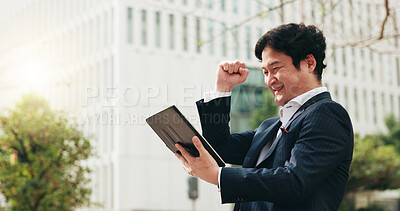 Buy stock photo Business, man and fist with tablet in city for good news, financial success and investment growth as winner. Male person, digital app and deal notification for celebration, promotion bonus and Japan 