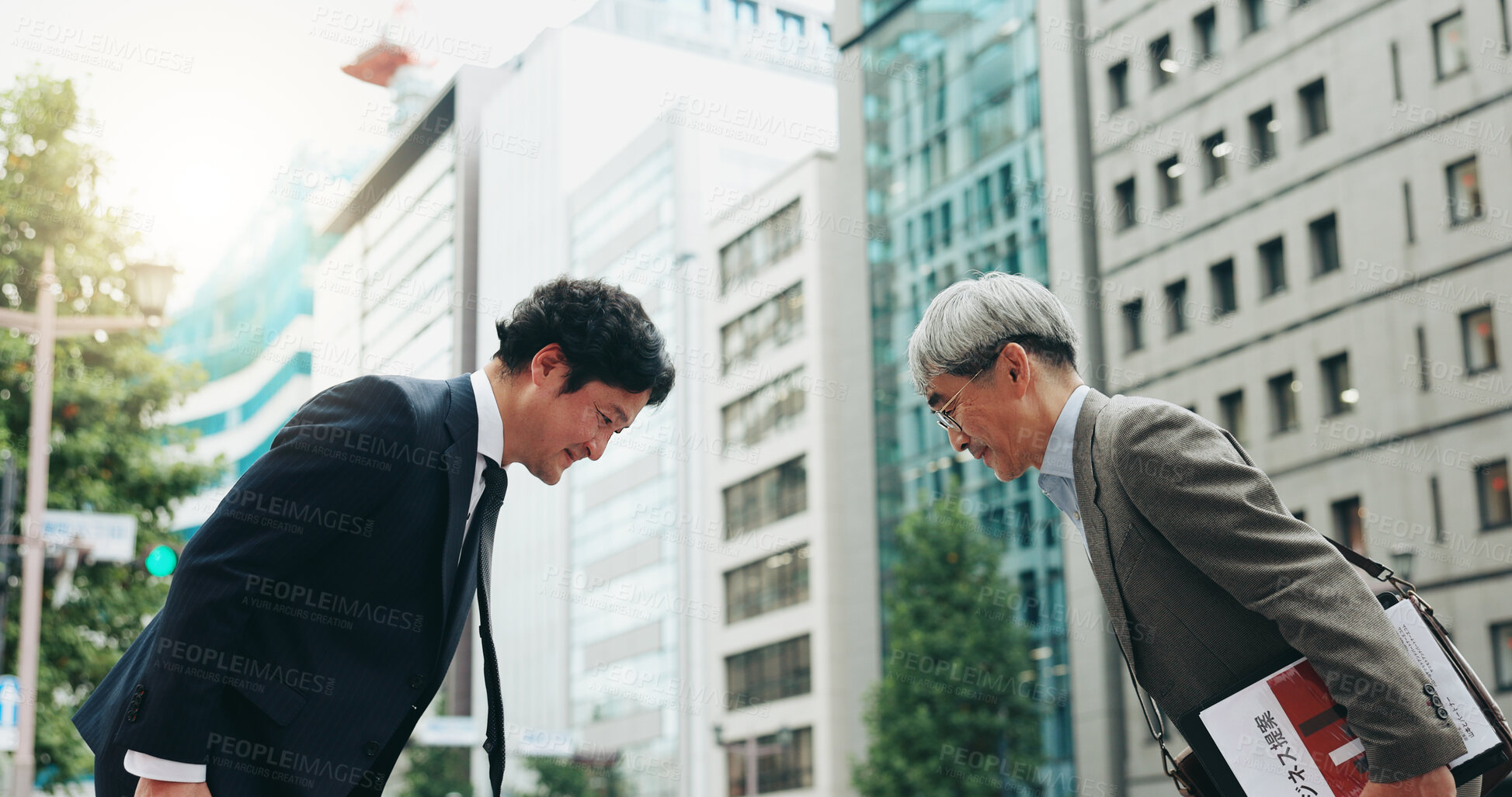 Buy stock photo Japanese, business people and bow in city for respect, deal and success as negotiation or meeting. Partnership, agreement and promotion with thank you, colleagues or collaboration in legal settlement