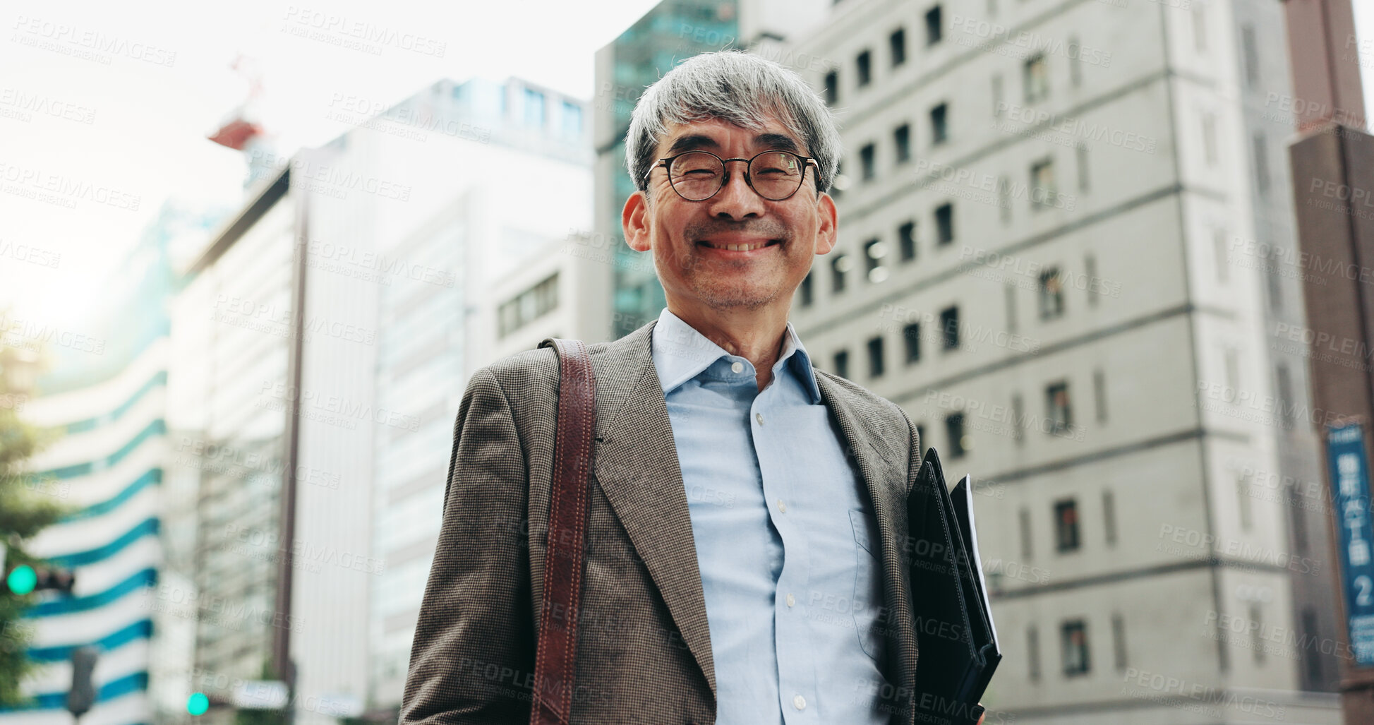Buy stock photo Japanese businessman, outdoor and below in portrait for pride for attorney, law firm and company. Mature, male person and confidence as legal professional with morning commute, career and city street