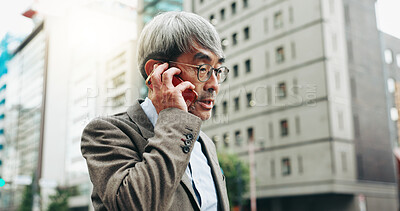 Buy stock photo Japanese, business and man with phone call in city for discussion, schedule update and negotiation. Mature accountant, mobile and communication for chat, contact information and urban travel in Japan