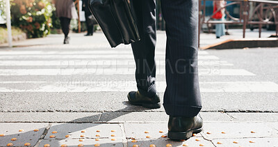 Buy stock photo Business man, shoes and crosswalk with morning commute, lawyer and city in Tokyo. Professional, walking and legs on urban road with attorney, briefcase and travel to work and job outdoor in Japan