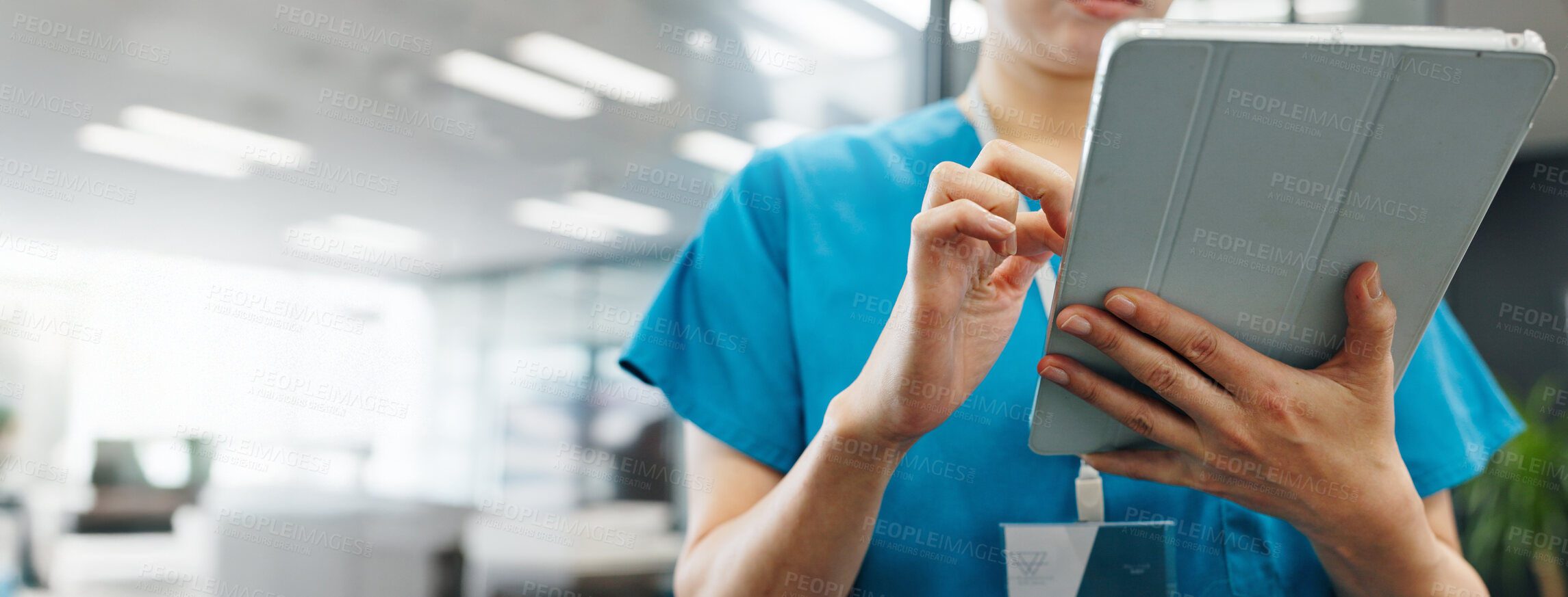 Buy stock photo Hands, person and nurse for tablet at hospital of surgery schedule, healthcare research and medical records. Surgeon, scroll and digital of patient information, Telehealth and history report in Japan