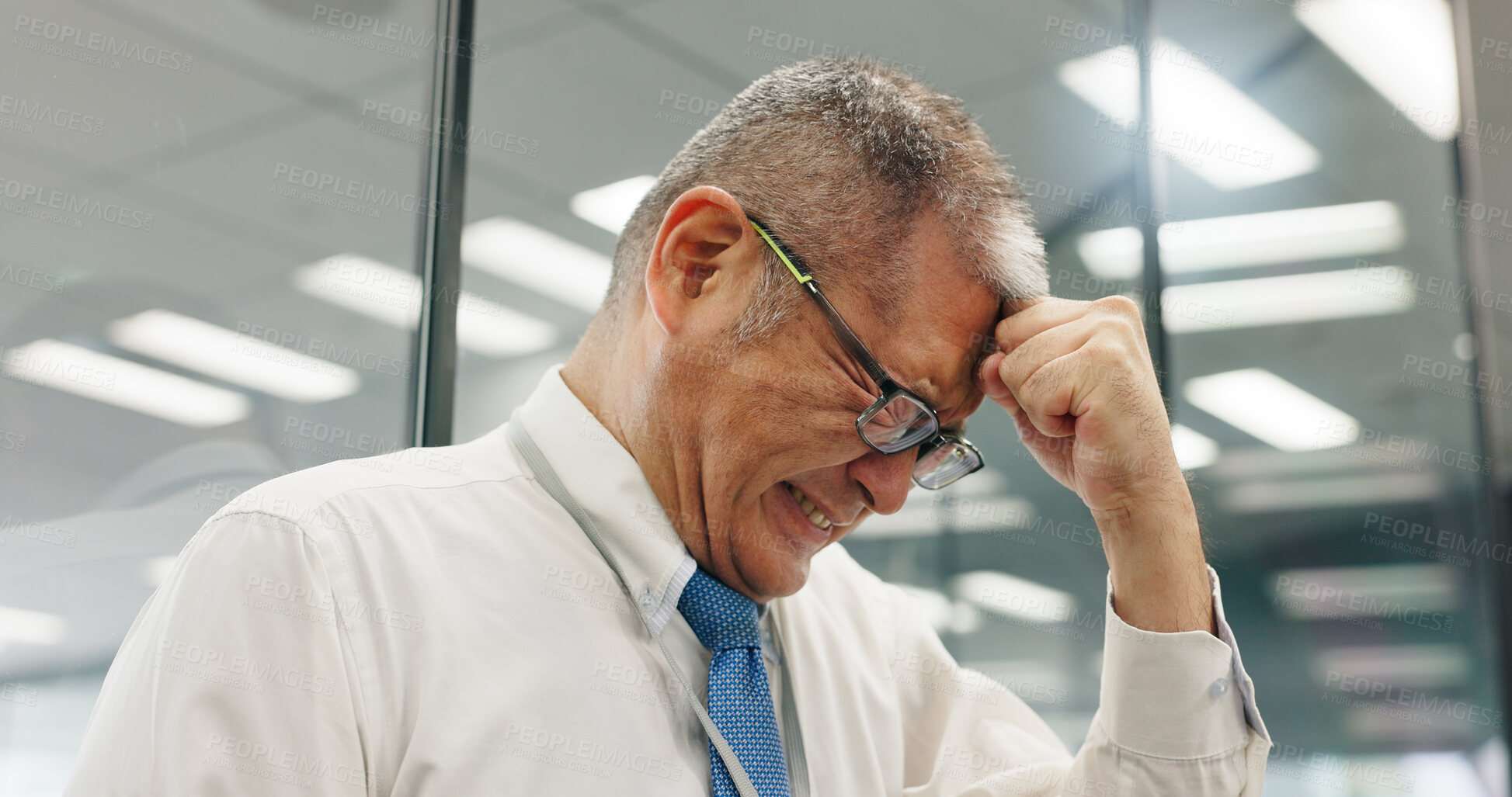 Buy stock photo Business, stress and man in office, headache or overworked with burnout, anxiety or accountant. Japan, mature person and financial consultant with crisis, migraine pain or frustrated with mistake